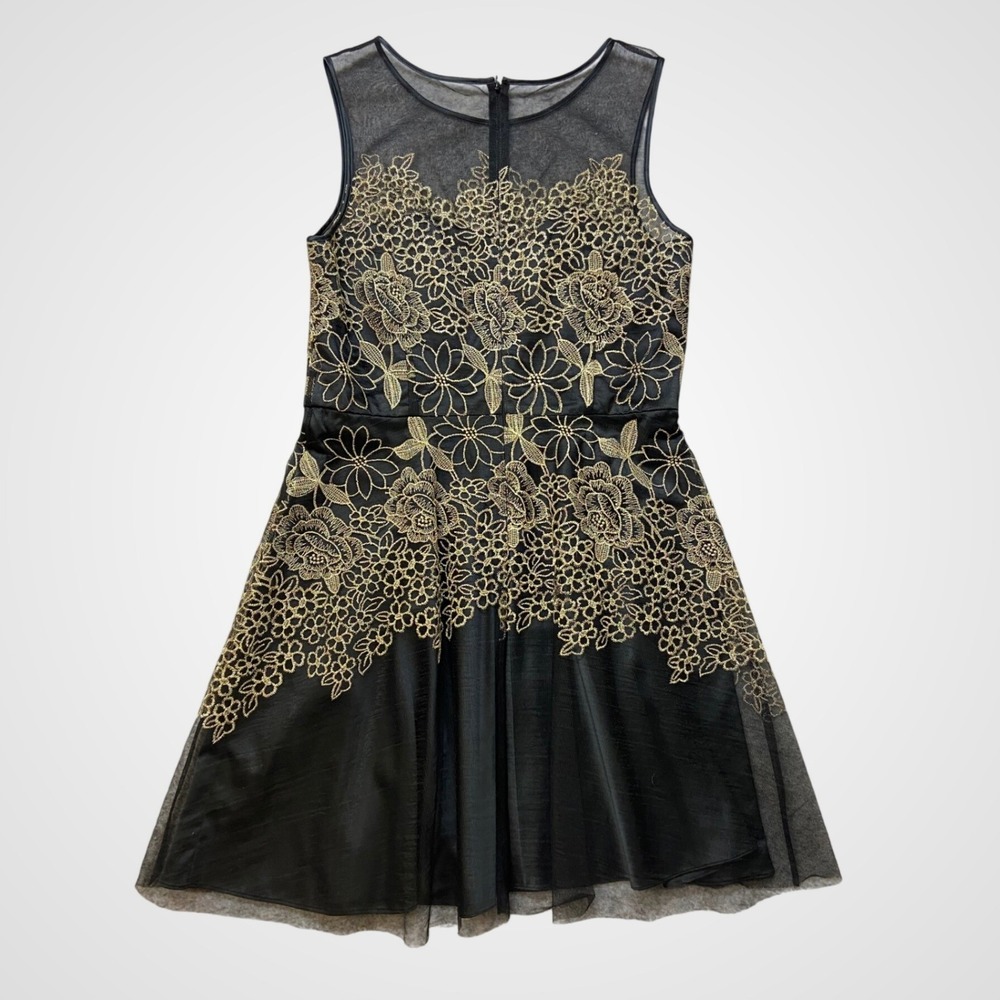 Tahari Arthur S. Levine Embroidered Cocktail Dress Women Size 14 Black Gold‎